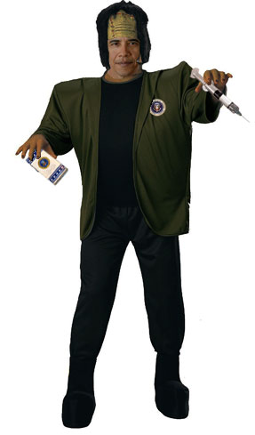 President Obama dressed as Frankenstein holding H1N1 vaccine