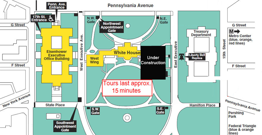 map of White House grounds - White House, Northwest appointment gate, Southwest appointment gate,
		East Executive Avenue, West Executive Aveneue, Ballroom construction area