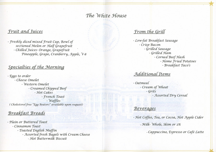 White House Mess breakfast menu